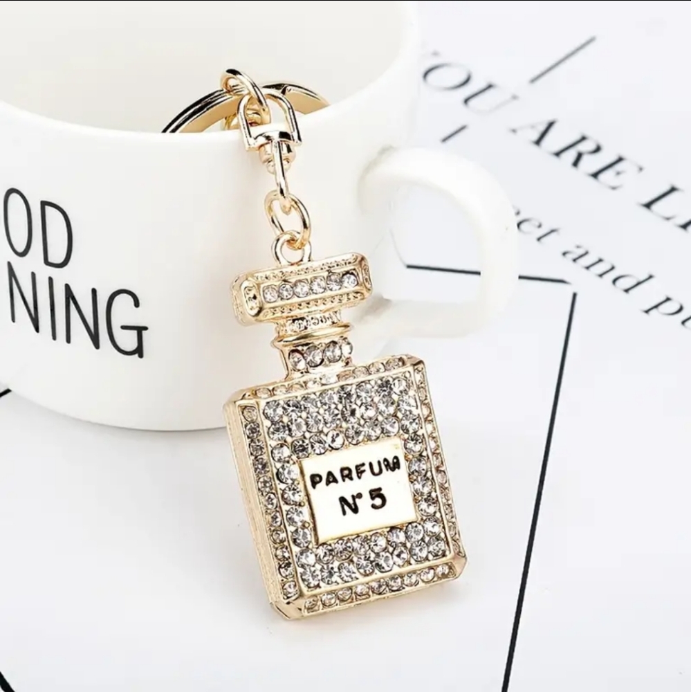Parfum Keychains No. 5 Gold Cubic Zirconia Cute Purse Charm Accessories - Picture 4 of 7
